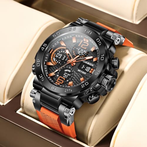 Image of LIGE Stylish Men's Watches Sports Outdoor Waterproof Military Watch Date Multi Function Tactics LED Alarm Orange Dial Stopwatch Analog Digital Orange Silicone Strap Wristwatch for Man