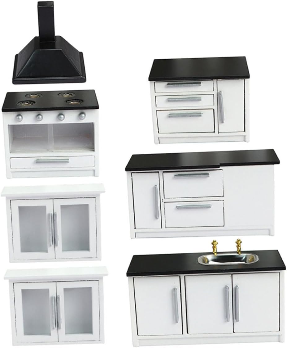 12 Scale Mini House Kitchen Furniture Set, 7pcs White Wooden Dollhouse Miniature Kitchen Accessories for Dollhouse Decor and Tiny Scene Prop