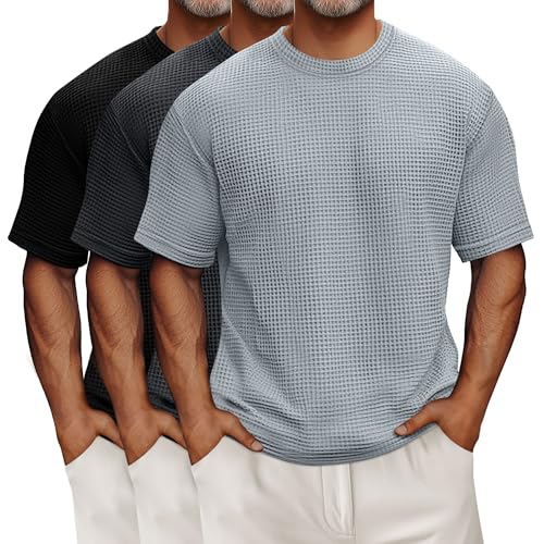 Riyiper 3 Pack Men's Big and Tall Waffle T Shirts, Short Sleeve Crew Neck Tops Casual Textured Knit Pullover Lightweight Tees