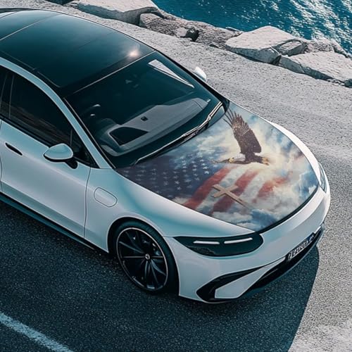 Image of Car Hood Cover,American Flag with Cross Protector Front Auto Bonnet Hood Wrap Cover Washable Stretchable Fabric Hood Wrap Blanket 3.3x5 Ft Soft Breathable