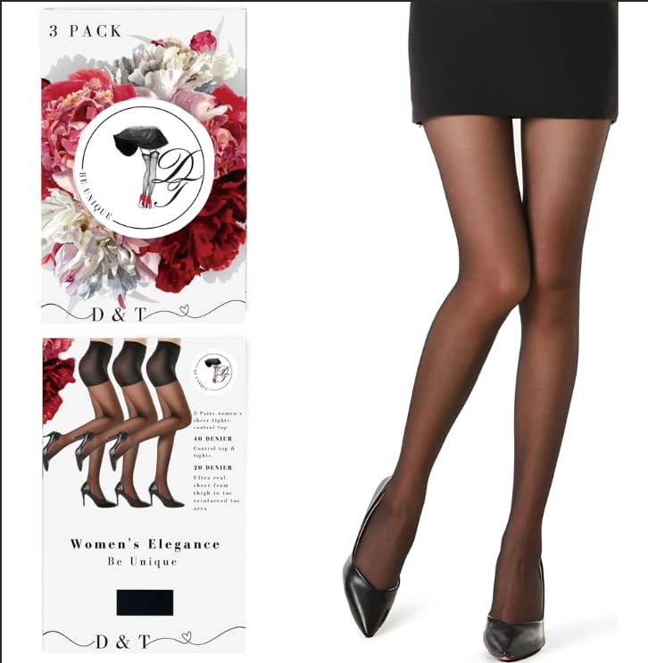 Image of D&T 3 Pairs of Women's Sheer Tights - 20D Control Top Pantyhose with Reinforced Toes
