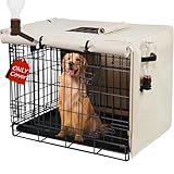 Peipaws Dog Crate Cover 30 Inch - Three Doors Waterproof Dog Kennel Cover, 600D Oxford Fabric Cage Covers with a Water Bottle Nozzle, Allowing Dogs to Drink Water at Any Time. Beige (Cover Only)