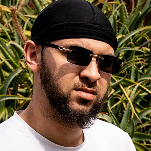 Street Knitted Mens Gold Frame Black Tint Rimless Square Trendy Cool Woodgrain Vintage 90's Old School Dark Tint Shades Retro Rectangular Men Hip Hop Sunglasses4