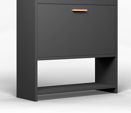 Miniatura 9 de Zapatero de ratán con 2 cajones abatibles, moderno zapatero de 2 niveles para tacones, botas, pantuflas, zapatero de pie libre para sala de estar,