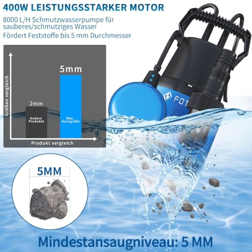 FOTING Tauchpumpe 400 W, 8000 l/h, Förderhöhe max. 8 m, Eintauchtiefe max. 7 m, einstellbarer Schwimmerschalter, Thermoschutz… – Ansicht 3