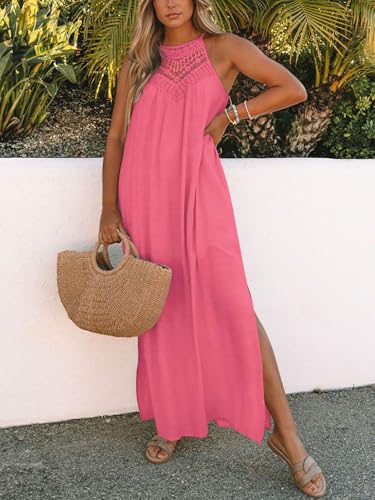 Image of FARORO Sleeveless Long Dress for Women Boho Halter Maxi Sundress Casual Loose Dresses Split Cover Up Gown with Pockets