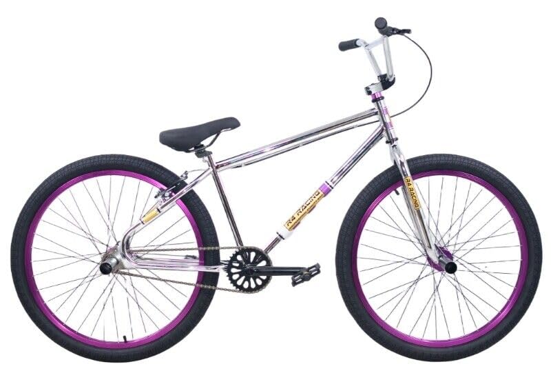 R4 Pro 26 Inch Wheelie BMX Bicycle Retro Look Looptail Design, Adult/Youth, Chrome W/Purple Wheels