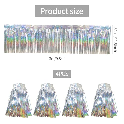 Image of 4 Packs 10 Feet Long Laser Silver Foil Fringe Garland Shiny Metallic Tinsel Wall Hanging Banner for Car Parade Birthday Parties Floats Wedding Baby Shower Ceremonies Bachelorette Garden Decorations