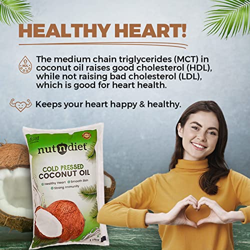 Image of nutndiet Cold Pressed Coconut Oil 1 Litre Pouch | Pure & Natural | Ideal for Cooking, Skin Care, Hair Care & Massage | Chemical-Free, Rich in Nutrients & Antioxidants
