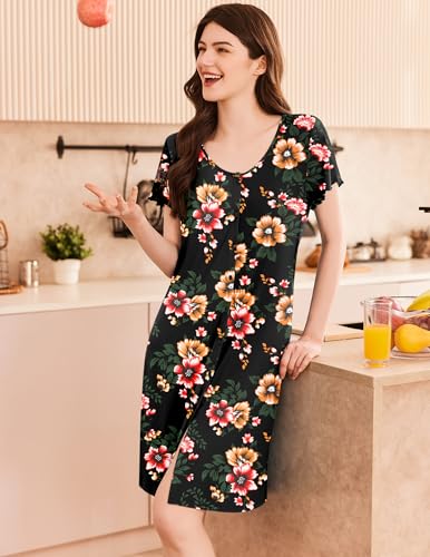 Image of Ekouaer Women's Nightshirt Short Sleeve Button Down Nightgown V-Neck Sleepwear Pajama Dress