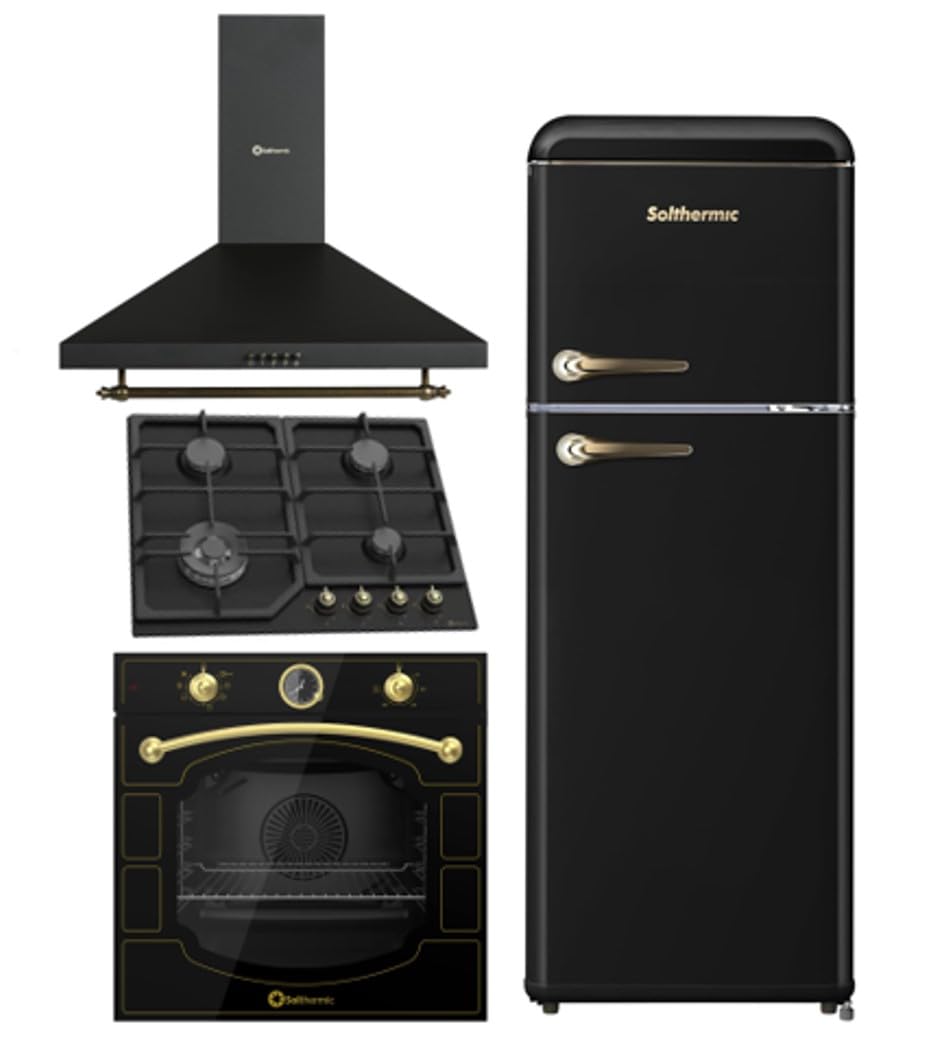 SOLTHERMIC PACK 4 EN 1 NEGRO RUSTICO ACABADOS DORADOS/CAMPANA DECORATIVA H60pr 60 CM, ENCIMERA DE GAS 60 CM SA022, HORNO Y FRIGO 2P F2PR147N DE 1,47 cm alto x 55 ancho y de hasta 220L