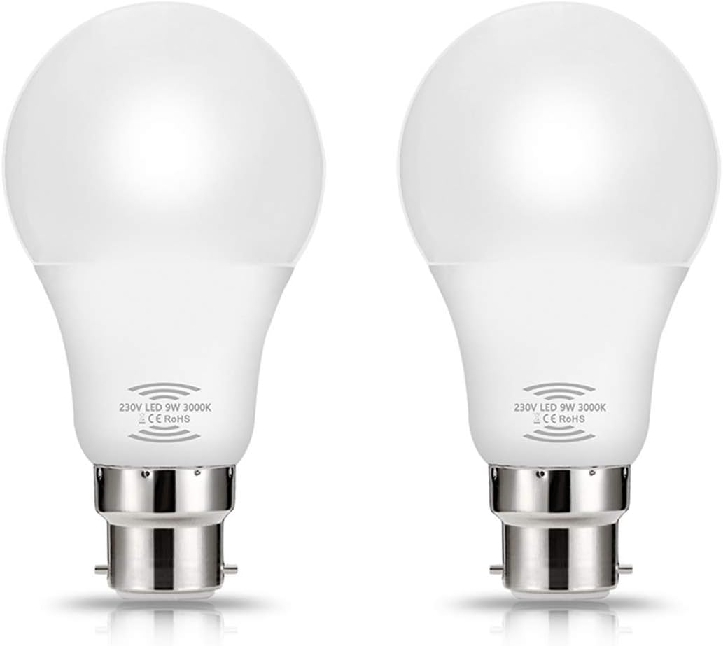 9W Radar Motion Sensor Bulb 2 Pack TECHGOMADE B22 (Warm White 3000K) Dusk Till Dawn with Auto On/Off for Indoor/Outdoor LED Lighting Lamp Bulbs for Porch,Hallway, Attic Home [Energy Class A+]