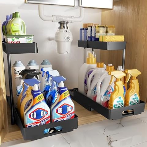 Delamu 2 Pack Under Sink Organizers and Storage, 2 Tier Pull Out Bathroom Cabinet Organizer, L-Shape Black Under Bathroom Kitchen Sink Organizer with Drawer for Under Sink Storage Organizer Cover