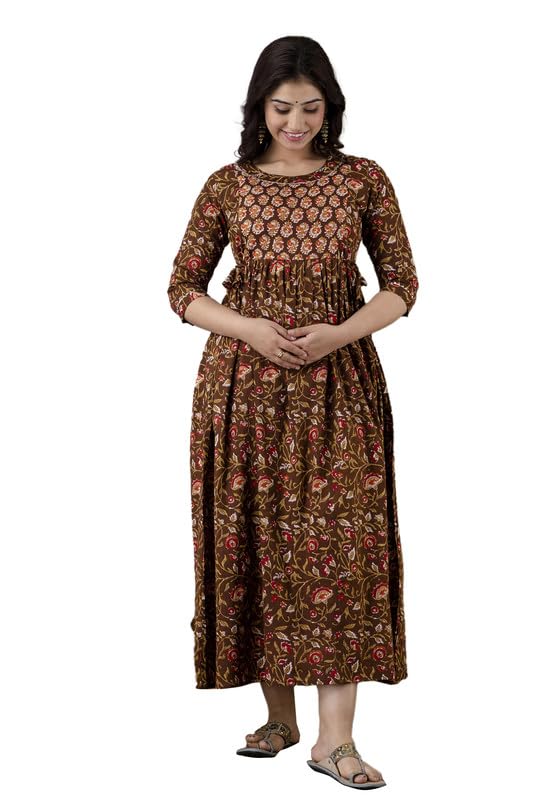 Image of JAIPURFAME Stylish Women's Pure Cotton All Over Printed Kurti Gown, Maternity Dress, and Feeding Dress - Comfortable and Elegant Maternity Wear for Women
