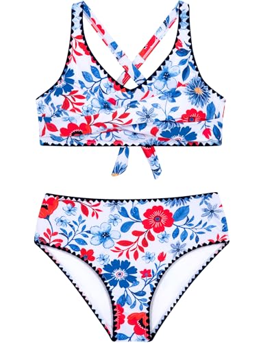 HOZIY HOZIY Girls Swimsuit Teen Crisscross Tie Back Bikini Sets Two Piece Bathing Suit Kids Swimwear Size 9-18 Years 9-10 Years Blue Red Floral