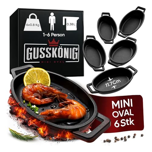 GUSSKÖNIG Servierpfannen Set - 6 ovale Gusseisen Grillpfännchen für Grill - Gusseisenpfanne klein 11x19 cm - eingebrannte Mini Pfanne