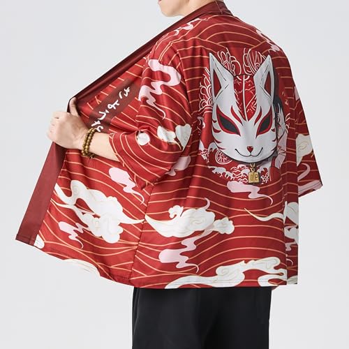 Image of PRIJOUHE Men's Lightweight Kimono Jacket Seven Sleeve Open Front Cardigan Coat Japanese Style Bathrobe