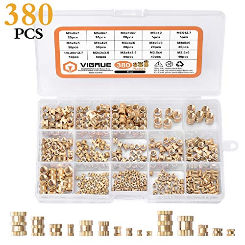 VIGRUE 380Stk Gewindeeinsatz M2 M2.5 M3 M4 M5 M6 Einpressmutter Messing Gewindebuchsen Innengewinde Rändelmuttern Einbettung Muttern für Kunststoffteiledurch Wärme oder Ultraschall in 3D-Drucker Teile