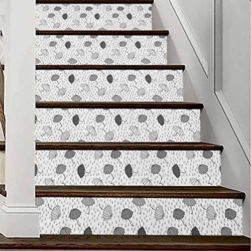 3D Self-Adhesive Stairs Risers Stickers, Abstract Umbrellas Pattern in Rain Greyscale Illustration o, for Stair Riser Decals Home Decor, W39.3 x H7.08 Inch x6PCS