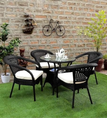 Image of PRATHAM India 4+1 Outdoor Indoor Patio Set Bistro Set Rattan Chair Patio Set Lawn Balcony Hall Outdoor Garden Chair Table Set (Black & Cream Cushion)