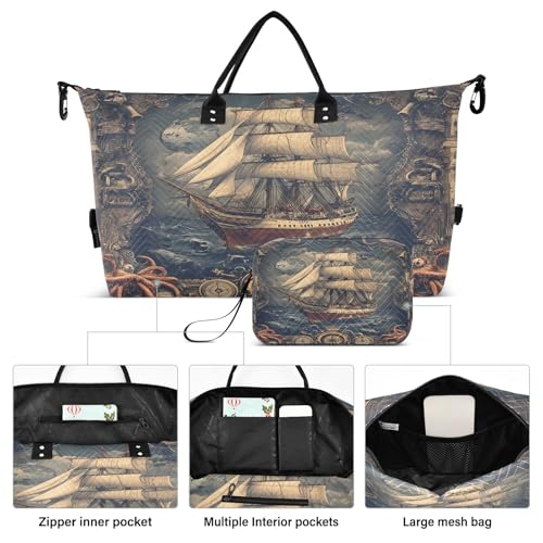 Weekender Bags Travel Duffel Gym Bag Vintage Sailboat Navigation Carry on Overnight Tote Bag with Toiletry Bag for Airplane Travel Trip Gym Yoga2
