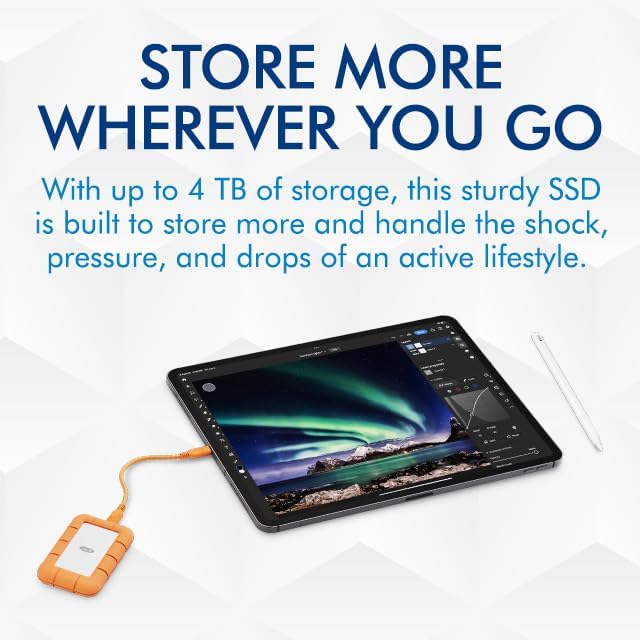 Graphic showing LaCie Rugged Mini SSD with 'STORE MORE WHEREVER YOU GO' connected to an iPad