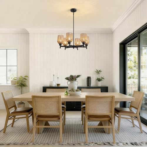 Siljoy Rattan Chandelier Farmhouse Boho Chandeliers Light Fixture, 6-Lights Rattan Wicker Black Chandelier Ceiling Hanging with Woven Lampshade, Rustic Chandelier for Dining Room Kitchen Hallway — view 3