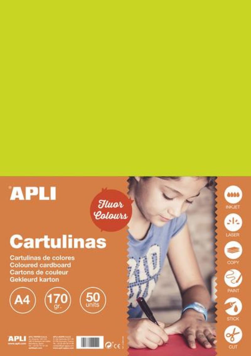 APLI Cartoncini Colorati Set da 50 Pezzi, Verde Fluor, A4