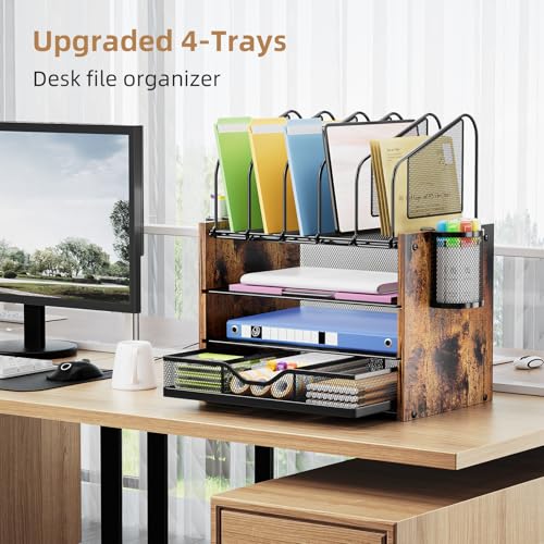 Image of Marbrasse Desk organizer with Drawer, 4-Tier Wooden File Organizer with 5 Vertical File Holders and 2 Pen Holders, Desk Organizers and Accessories for Home Office - Dark Brown