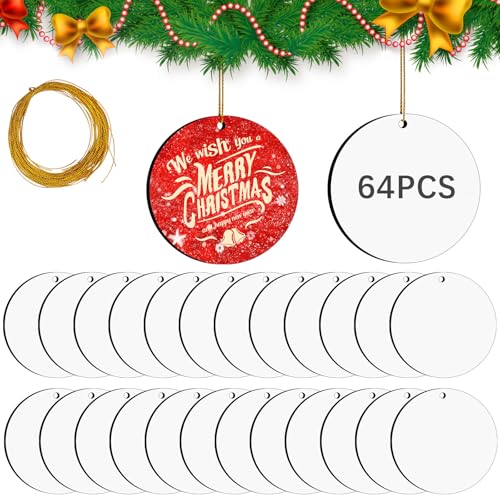 64 Pcs Round Sublimation Ornament Blanks MDF Double Sided Sublimation Christmas Ornaments Blanks for Christmas Tree Decor DIY Crafts