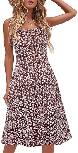 Berydress Women's Casual Beach Summer Dresses 2025 Solid Cotton Flattering A-Line Spaghetti Strap Button Down Midi Sundress