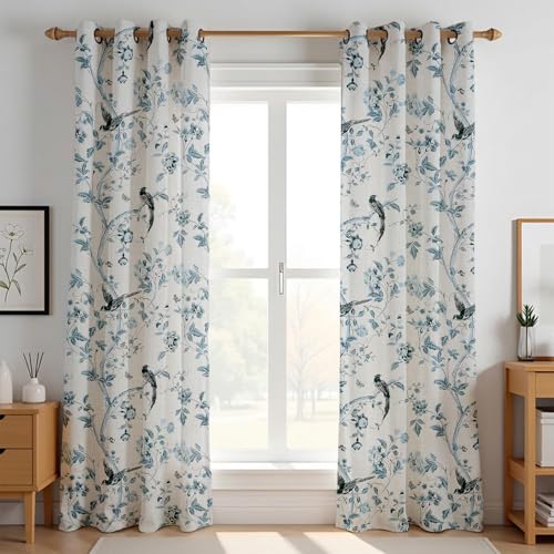 Image of LINENWALAS Decorative Cotton Curtains 8 Feet for Long Door - Indigo Charming Bird Printed Room Darkening Curtain | Grommet Hanging Style Pack of 2 Panels | 60-70% Sunlight Blocking - (Indigo Bird)
