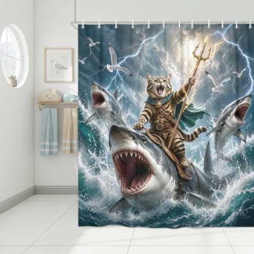 Image of Funny Cat Riding Shark Shower Curtain, Fun Ocean Waves Bath Curtain