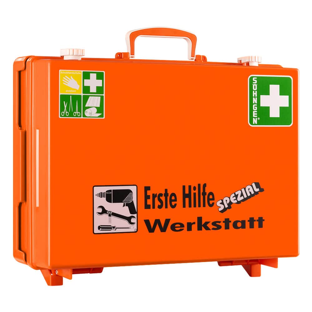 Erste-Hilfe-Koffer Werkstatt Söhngen, Wandhalterung, orange, ASR A4.3/DIN 13157, Art.-Nr. 110027 | Verbandskasten | Notfallkoffer | Erste Hilfe Kasten