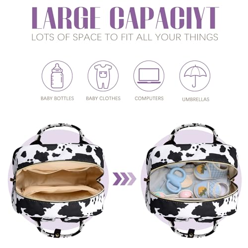 Image of Tuwubi Diaper Bag Backpack, Baby Essentials Travel Tote Bag, Multi function Waterproof Backpacks, Travel Essentials with Stroller Straps & Pacifier Case - Cow Print