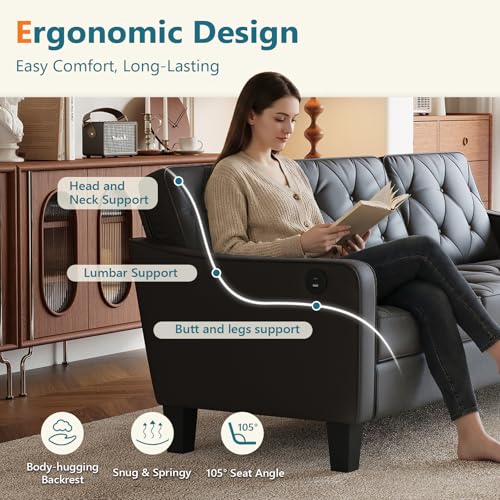 Image of 83 inch Black Faux Leather 3 Seater Couch, Mid Century Tufted Sofa Living Room | STHOUYN Office Couch, Tufted Design, High Resilience Foam, 700 lb Capacity, Easy Assembly, Waiting Room Area, Small Couches