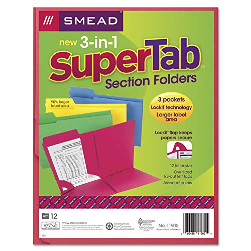 Smead 3-in-1 SuperTab Section Folder, 1/3-Cut Oversized Tab, Letter Size, Assorted Colors, 12 per Pack (11905) - Image 3