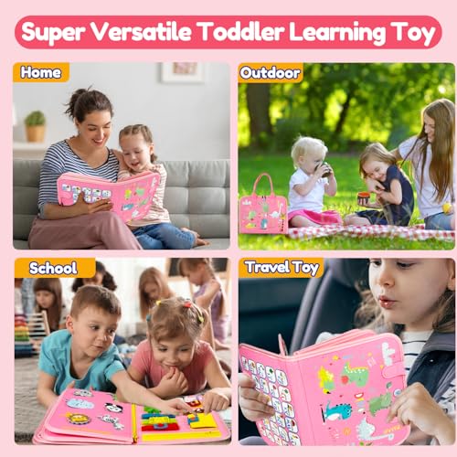 Image of Qizfun Toddler Busy Board Montessori Toys - Sensory Busy Book, Educational Learning Travel Toy for Airplane & Car, Keeps Toddlers Engaged, Birthday Gifts for Toddler Girls