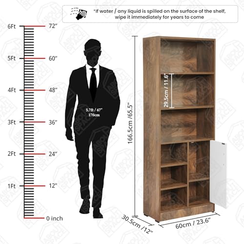 Image of ABOUT SPACE Kitchen Organizer Rack - 5.5 ft Wooden Kitchen Cabinet with 3 Long, 3 Adjustable Shelves, 1 Rack with Door & Adjustable Shelf for Home (White, Walnut - L 60 x B 30.5 x H 166.5 cm)
