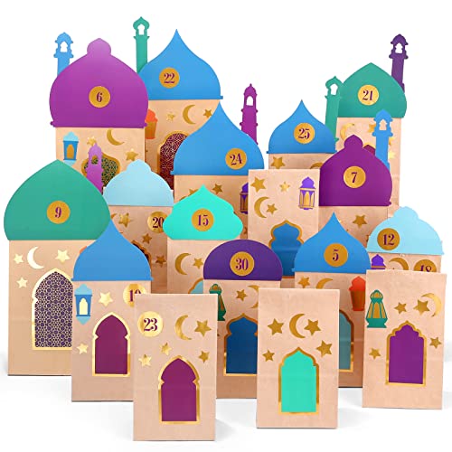 KESOTE 30CT Eid Mubarak Gift Bags Treat Bags with Moon & Star Stickers Ramadan Countdown Advent Calendar DIY Brown Paper Bags