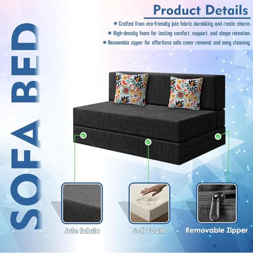 Image of Los Angeles Foldable Two Seater Sofa Cum Bed, Sofa Bed 4 X 6 Ft, Jute Fabric Washable Cover Including Two Cushion Perfect for Living Room & Office Guest Room - Black Color