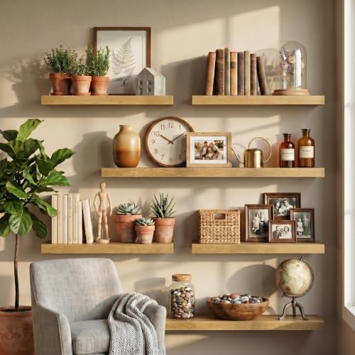 Image of Fun Memories 10 inch Deep Floating Shelves with Invisible Brackets, 24 inch Wall Shelves for Bathroom Bedroom Living Room, Modern Rustic Shelves for Home Decor, 24 inch W x 10 inch D x 1.5 inch H, Set of 3, Oak