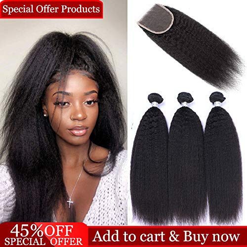 Dingfeng Hair 8A Kinky Straight Hair 3 Bundles With Closure Yaki Big Sale Human Hair Weave Wholesale Price Of Factory Unprocessed Brazilian Virgin Hair With 4x4 Lace Closure Dingfeng Hair(161820+14)