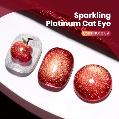Image of Beetles Red Cat Eye Gel Nail Polish - 15ML Cherry Red Glass Magnetic Cat Eye Glitter Gel Polish with Gold Powder Soak Off UV Twilight Toast Collection Nail Art Design Manicure Gifts for Women