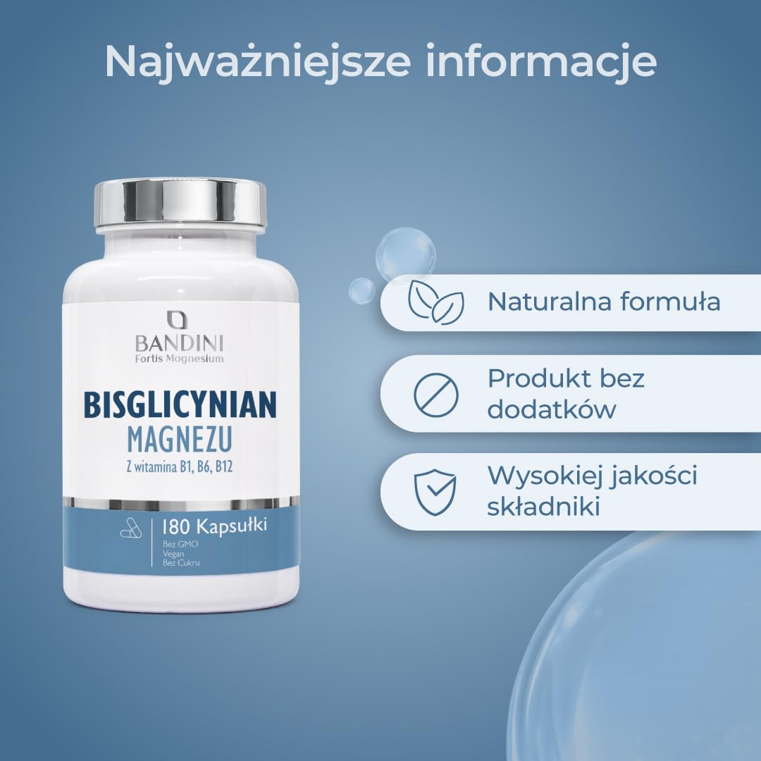 Bandini® Bisglicynian magnezu 350mg | 180 Kapsułek z witaminami B1, B6, B12 | 2-miesięczny zapas | Glicynian magnezu wysoka jakość i biodostępność | Suplement mięśniowy, układ nerwowy, stres, kości | Chelat na dawkę wzbogacony witaminą B1, B6, B12, przeci