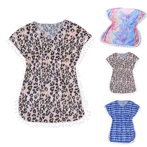 Girls Swim Cover Up Dress with Tassels Cute Short Sleeve Beach Tunic for Kids, Pompom Bathing Suit Coverup Swimwear4