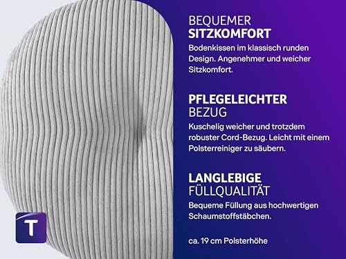 Traumnacht Cozy Bodenkissen aus gemütlichem Cord-Bezug, steingrau, rund mit 60cm Durchmesser und Circa 18-19cm hoch, 1.180g Füllgewicht, produziert nach deutschem Qualitätsstandard