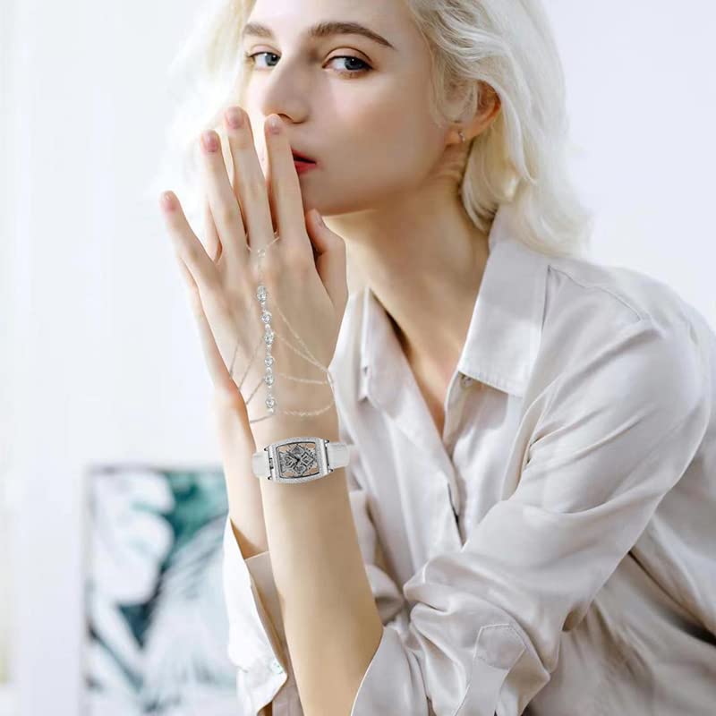 2 Pieces Finger Ring Bracelet Rhinestone Hand Harness Chain Bracelet for Women2