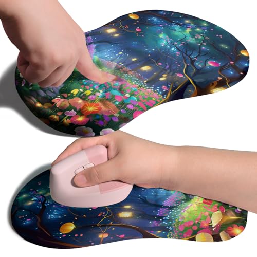 Image of Ergonomic Joint Wrist Support Mouse Pad with Memory Foam Cushion Massage Bump, Carpal Tunnel Pain Relief Mousepad Slope Design for Wrist Rest, 11.8x7.9 in, Fantasy Forest
