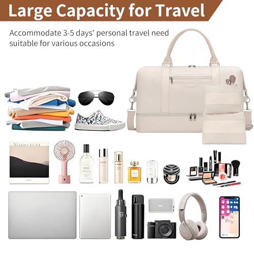 Image of Oeihuivt Weekender Bags for Women - 21 Inch Large Travel Duffel Bag with Shoe Compartment, Heavy-Duty Canvas Leather Carry On Overnight Tote, Beige-A, 21, Weekend Trip